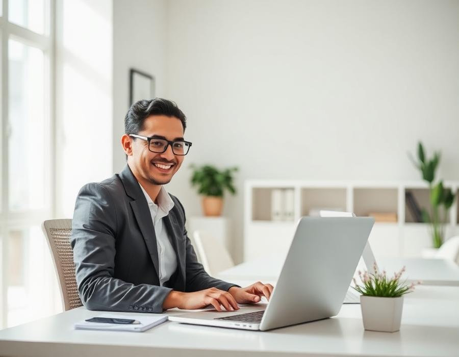 Professionista al lavoro in un ufficio luminoso